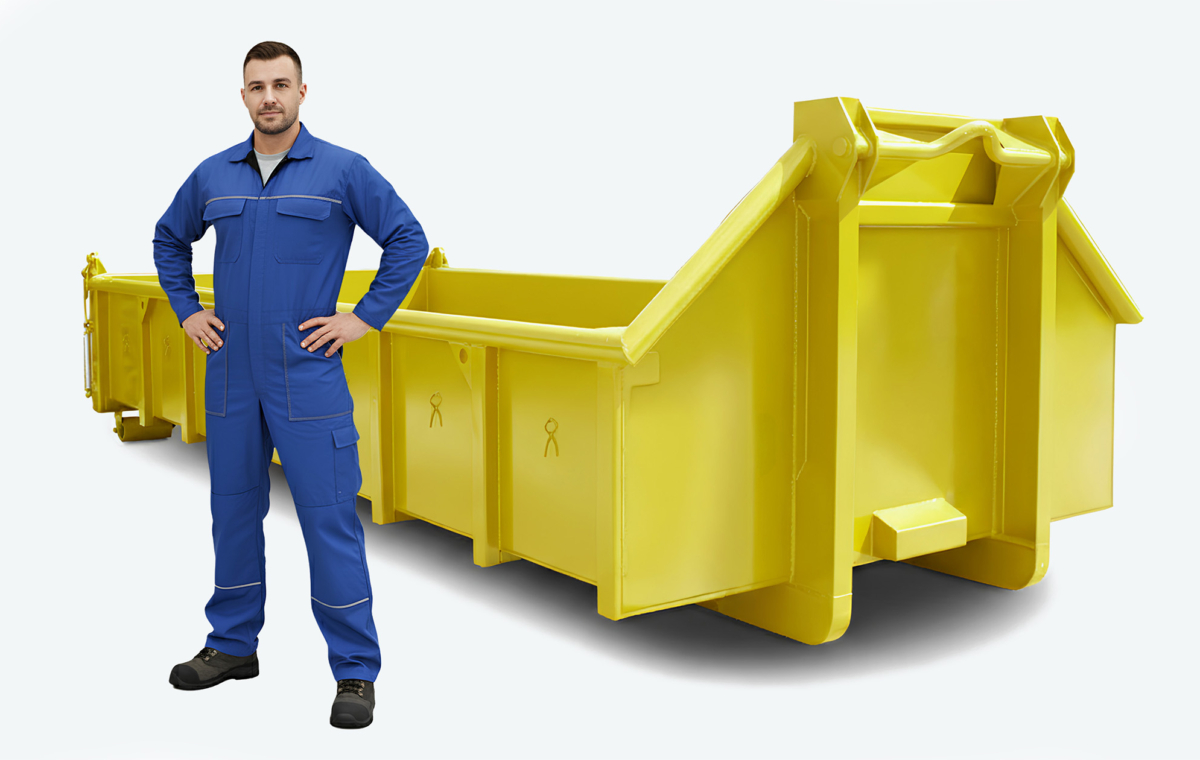 Gelber Abrollcontainer offen mit Mann im Blaumann