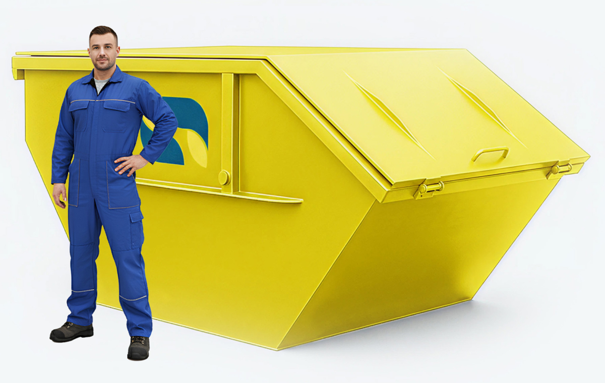 Gelber Absetzcontainer mit Deckel mit Mann im Blaumann