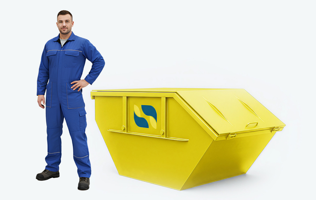 Gelber Absetzcontainer mit Deckel mit Mann im Blaumann