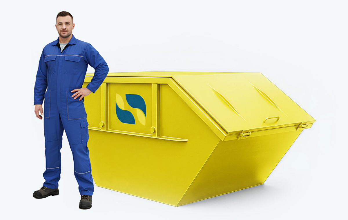 Gelber Absetzcontainer mit Deckel mit Mann im Blaumann