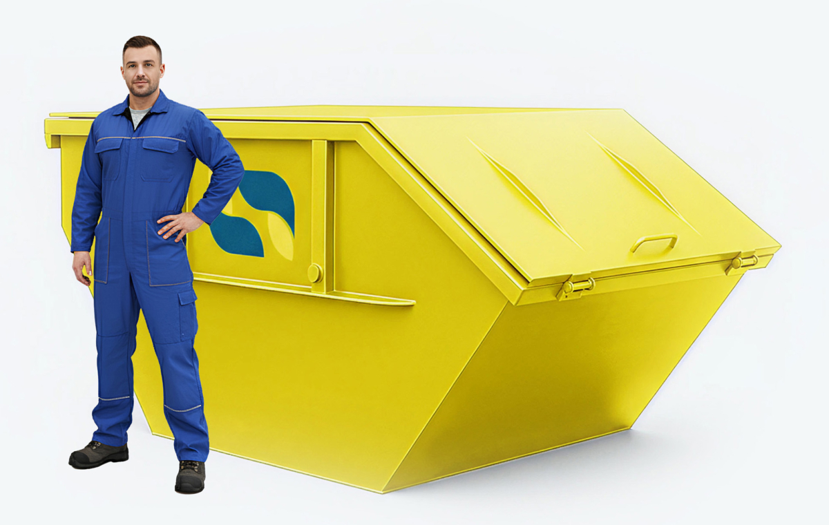 Gelber Absetzcontainer mit Deckel mit Mann im Blaumann