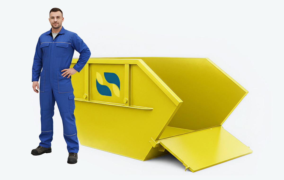 Gelber Absetzcontainer mit Klappe mit Mann im Blaumann