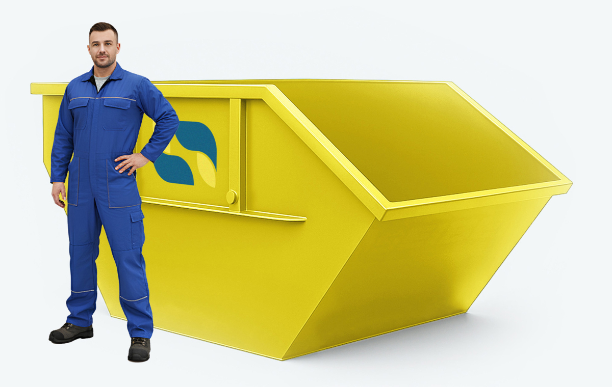 Gelber Absetzcontainer offen mit Mann im Blaumann