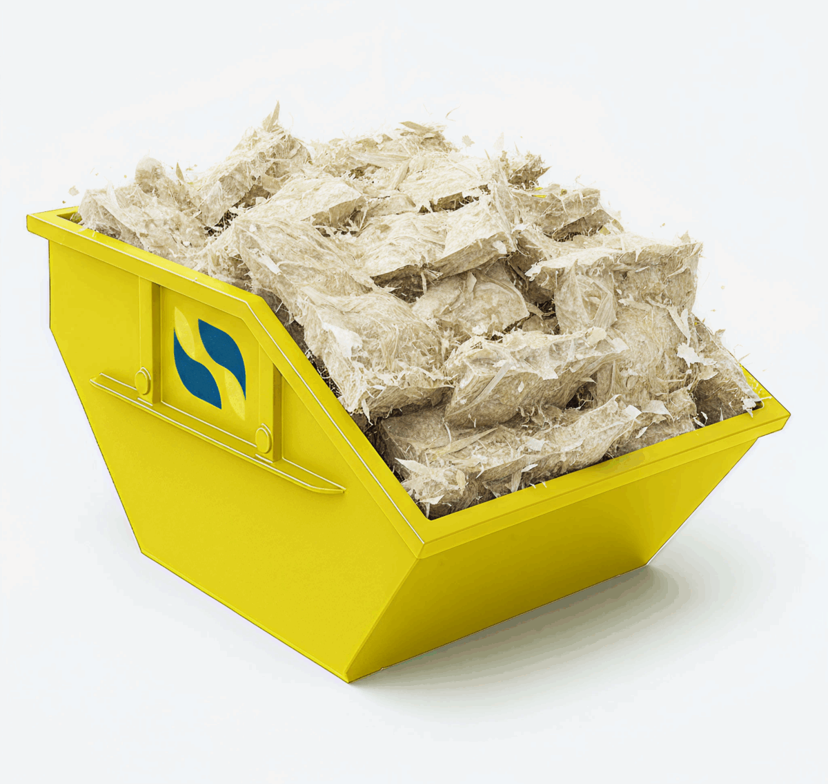 Gelber Container mit KMF-Dämmmaterial befüllt