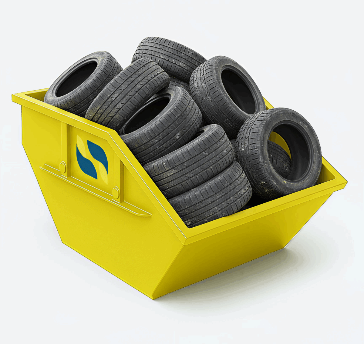 Gelber Container offen mit Autoreifen befüllt