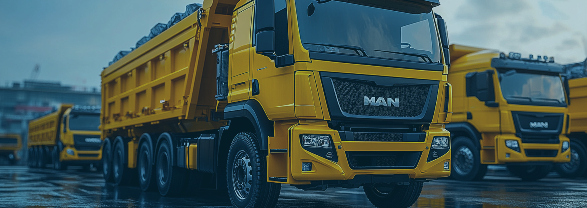 Gelbe LKWs Marke MAN mit befüllten Containern