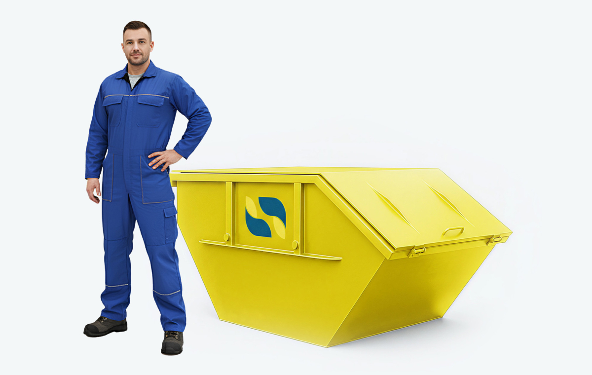 Gelber Minicontainer mit Deckel mit Mann im Blaumann