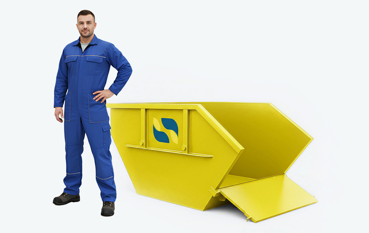 Gelber Minicontainer mit Klappe mit Mann im Blaumann